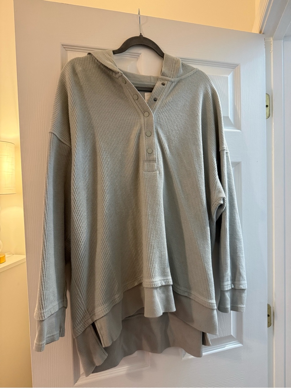 aerie Women's Ribbed Knit Hooded Pullover Sweater in Light Sage Green